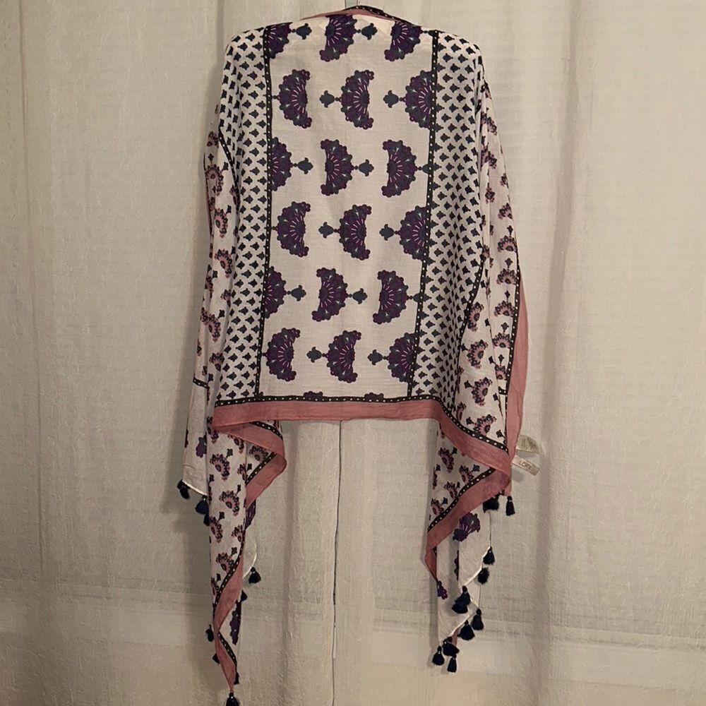 LOFT White Blush Pink Indigo Purple Silver Metallic Floral Tasseled Scarf Wrap